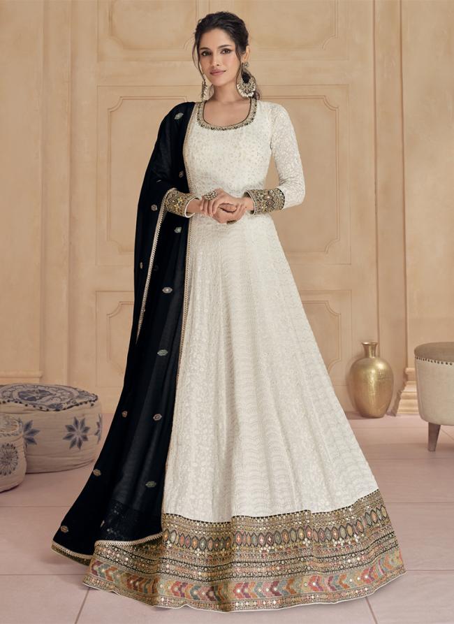 Georgette White Traditional Wear Embroidery Work Readymade Gown With Dupatta